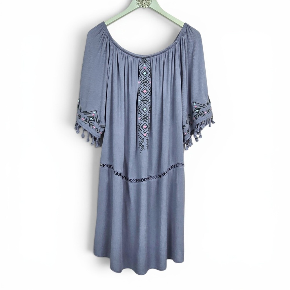 Xhilaration Target Boho Embroidered Dress XL Bluest Solid Tassel Shift NEW NWT